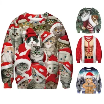 2023 Забавный 3D-печатный кошачий свитер Мужчины Женщины Уродливые рождественские свитера Джемперы Топы Праздничная вечеринка Пуловер Толстовка с капюшоном 3XL  5