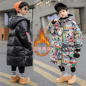 2024 Зимняя детская мода Длинное пальто для мальчиков Двусторонние пуховики Теплая утолщенная куртка Parker с капюшоном 8 10 12 14 Y  10