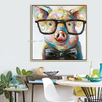 Arthyx,Ручная роспись мультфильма о животных маслом на холсте,Свинья в Glassess,Настенная художественная картина для гостиной,Украшение дома  4