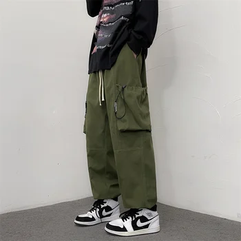Harajuku Мужские брюки-карго Хлопковые брюки на шнурке с несколькими карманами Хип-хоп Уличная одежда Оверсайз Сплошные стиранные модные джоггеры Мужчина  5