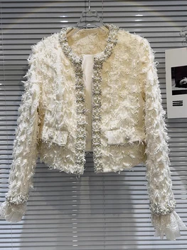 HIGH STREET Новейшая стильная дизайнерская куртка 2023 года Женская короткая куртка из грубого твида, усыпанная бусинами, украшенная бисером  10
