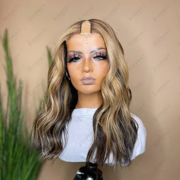 Highlight Brown Бесклеевой свободный парик U Part 100% Человеческие волосы Тело Волнистый Необработанный индийский 200 плотности Remy Full Machine Made Half Wigs  10