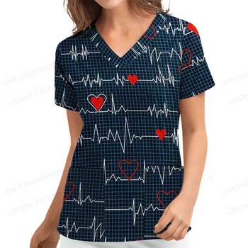 Love Nursing Scrubs Tops Nurse Uniform Животные 3d принт Футболка Женская мода V-образным вырезом Карман Комбинезон Медицинская униформа Рабочая одежда  5
