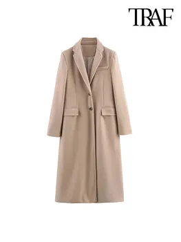 TRAF-Женское приталенное длинное шерстяное пальто, длинный рукав, пуговицы спереди, женская верхняя одежда, шикарное пальто, мода  5
