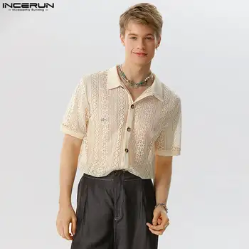 Американский стиль Новые мужские рубашки с полым кружевным принтом Повседневная микропрозрачная сетчатая блузка с короткими рукавами S-5XL INCERUN Топы 2023  5