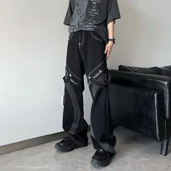 американский стиль стиранный винтаж черный прямой комбинезон мужской и женский модный бренд хип-хоп хай-стрит свободные широкие джинсы  5
