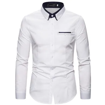 Белая контрастная рубашка с длинным рукавом с двойным воротником Мужчины 2023 Бренд Повседневные Без морщин Пуговицы Вниз Рубашки Мужчины Camisas De Hombre  5