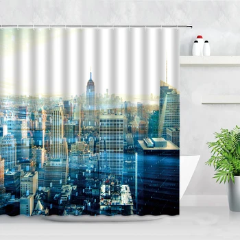 белый Нью-Йорк Пейзаж Шторы Набор 3D Здание Дом Стена Фон Декор Скандинавский Полиэстер Ванная комната Экран для ванны  5