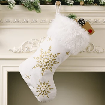 белый плюшевый штамповка золото серебряная вышивка снежинка рождественский чулок счастливого рождества декор для дома рождественский подарок носки дети  10