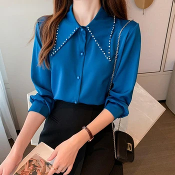  Бусина для ногтей Синяя рубашка из пятен Весна-лето Модная блузка 2023 Элегантная рубашка в корейском стиле Отложной воротник Одежда с длинным рукавом  10