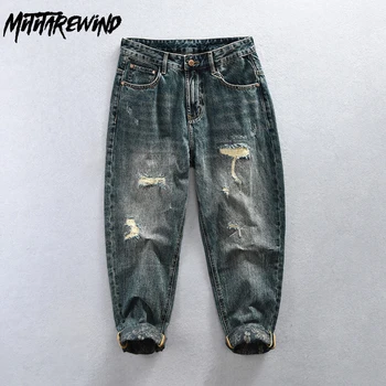 Винтажные мешковатые джинсы для мужчин High Street Y2k Дизайнерские джинсы с рваной дыркой Средняя талия Вымытые синие джинсовые брюки Хип-хоп Молодежные брюки  5