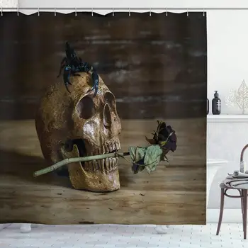 Готическая занавеска для душа, натюрморт Skull & Rose Периоды Скорпион на голове Скелет Ужас Водонепроницаемые тканевые занавески для ванны Наборы  5