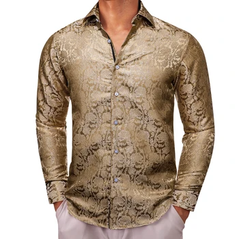 Дизайнерские рубашки для мужчин Шелковые Длинные рукава Коричневые Цветочный Приталенный Мужской Блузки Повседневные Вечерние Топы Дышащий Barry Wang  5