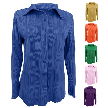 Женская рубашка на пуговицах Рубашка с длинными рукавами Повседневные приталенные блузки Топы  5