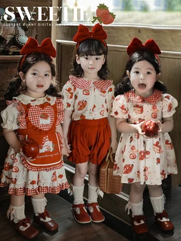Идиллический костюм для девочек 2023 Новый летний повседневный детский тренд рубашки с клубничным принтом кролика  10