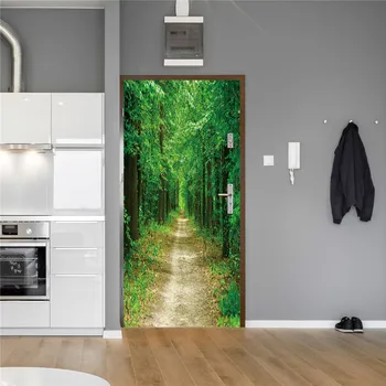Имитация 3D Дверные Наклейки Зеленая Лесная Тропа Простая Жизнь Дизайн Обои Для Двери Природный Ландшафт Экологически чистый Домашний Декор ПВХ  10
