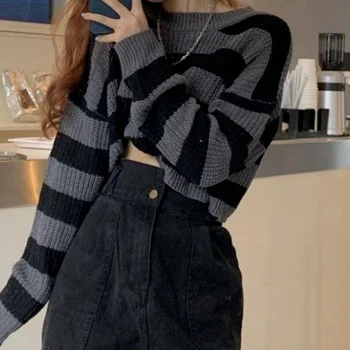 корейский стиль полосатый укороченный вязаный свитер женский винтажный джемпер с о-образным вырезом и длинным рукавом Y2K Топы Осень-зима  5
