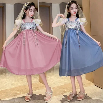 Летние платья для девочек 4-16 лет девочки 2023 Новая детская одежда Бесплатная доставка Китайское платье в национальном стиле  10