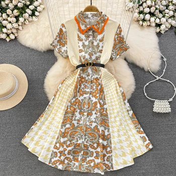 Лето в стиле ретро с короткими рукавами и лацканом на поясе Клетчатое платье А-силуэта Длинное платье  4