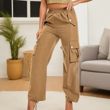 лето женские винтажные серые брюки-карго с высокой талией широкие джинсы мешковатые повседневная мода с несколькими карманами хип-хоп уличный стиль  4