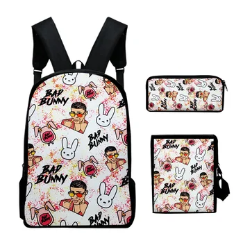 Модная новинка Bad Bunny 3D-печать 3 шт./комплект учеников Школьные сумки Рюкзак для ноутбука Наклонная сумка через плечо Пенал  4