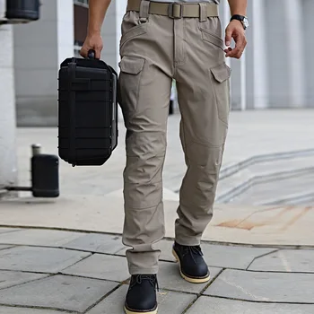 Мужские тактические брюки-карго для работы на открытом воздухе Легкие рип-стоп тренировки Многокарманные походные камуфляжные штаны  5