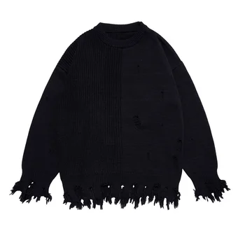 Мужской трикотажный пуловер оверсайз хип-хоп рваные свитера уличная одежда винтаж свободный свитер пальто  3