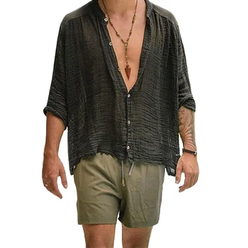 Мужчины Fhion Пляжные рубашки Твердые пуговицы Свободные гавайские рубашки Топы Летняя одежда Cual Уличная одежда  5