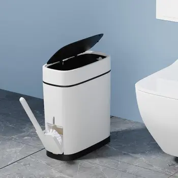 Мусорное ведро для ванной комнаты с держателем для туалетной щетки 14-литровое белое пластиковое мусорное ведро с черной запирающейся верхней крышкой пресса Тонкий прямоугольный  5