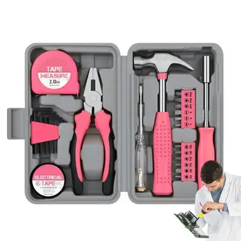 Набор бытовых инструментов Розовый набор для инструментов Домашний небольшой набор Универсальный с ящиком для хранения для дома Гараж Дамы и Женщины Девочки  10