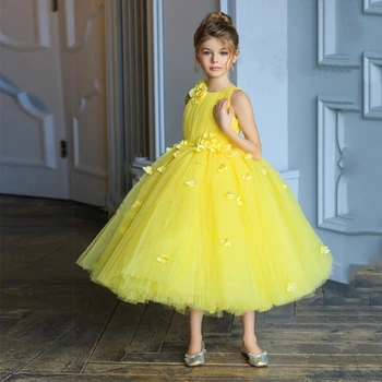 Настроить цвета Новые детские наряды для вечеринок без рукавов 3D цветочное бальное платье Цветочные девушки Тюль Розовый Желтый Фиолетовый Длинное Платье  10