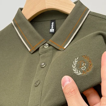  Новая летняя модная мужская рубашка-поло с вышивкой - 100% хлопок, однотонный цвет, приталенный крой, брендовая одежда - высококачественная футболка для гольфа  5