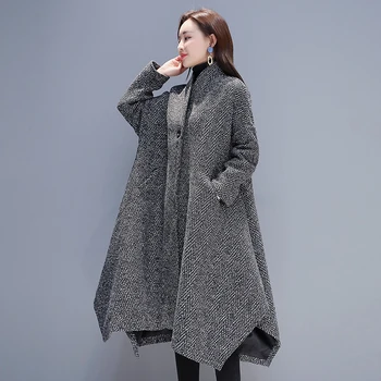 Новая осенне-зимняя шерстяная куртка Женская верхняя одежда Корейская мода Свободный плащ Женское пальто Твид средней длины Повседневные топы  10