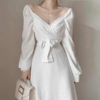 Однотонное белое платье для женщин с длинным рукавом Роскошный A-Line 2022 Весенняя вечеринка Осень Женщина Сексуальные платья Корея Элегантный Vestido с высокой талией  5