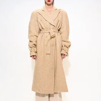 Осенне-зимняя новая женская мода европейская и американская повседневная всематчевая лента с декорированным букле длинное шерстяное пальто  5