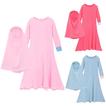 Платье с длинными рукавами и платок для девочек и детей, однотонный, мусульманская детская одежда, весна и осень, комплект из 2 предметов  5