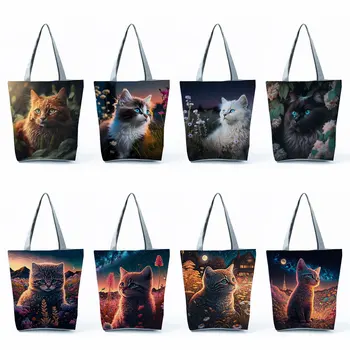 Продукты Сумка для покупок Милые мультяшные женские сумки с животным принтом Эко Многоразовые творческие сумки Sky Flower Cat Путешествия  10