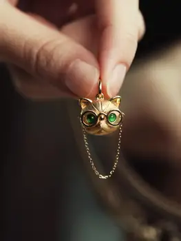 Ретро золото доктор кошка кулон ожерелье изумруд инкрустация кошачий глаз матовая цепочка ключицы  10