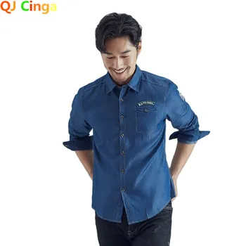 Синяя джинсовая рубашка Мужская однобортная ковбойская рубашка с квадратным вырезом и длинными рукавами Модный приталенный топ Camisa 3xl  10