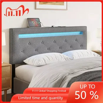 Современное изголовье кровати для спальни с большой двуспальной кроватью со светодиодной подсветкой и USB-разъемом, регулируемым по высоте изголовьем кровати с льняной подкладкой  10