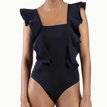 Сплошной цвет Рюши Цельный купальник Ретро Бикини с квадратным вырезом и спиной Сексуальные тонкие модные купальники 2024 для женщин  10