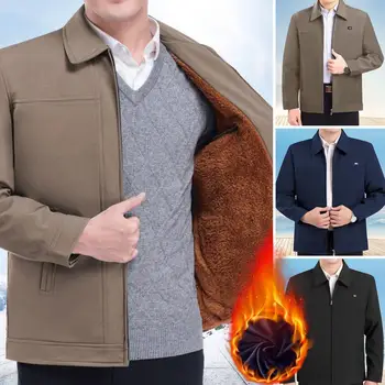 Теплая мужская куртка Мужская толстая флисовая куртка с лацканом и карманами на молнии Повседневное пальто средней длины для осени весны сплошной цвет  5