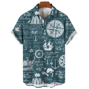 Унисекс Ретро Мужская гавайская рубашка Рубашка больших размеров Парусник Компас Морская 3D-печатная ретро Мужская рубашка Свободные топы с коротким рукавом  10