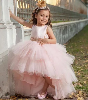 Цветочные платья для девочек 2023 Высокий вырез A-Line Point Tulle Детское свадебное платье для вечеринок с полными рукавами Бант Длинные платья для девочек  10