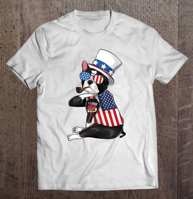 Бостон терьер Собака Мерика 4 июля США Американский флаг Мужчины Мужские футболки Пустые Изготовленные на заказ мужские рубашки Harajuku Мужская одежда Пустая