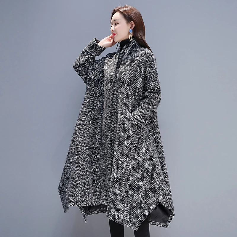Новая осенне-зимняя шерстяная куртка Женская верхняя одежда Корейская мода Свободный плащ Женское пальто Твид средней длины Повседневные топы